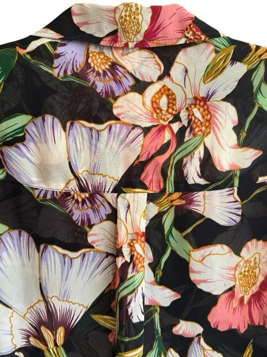 Bellatrix Moody Black Floral Blouse Tropical Breezy Resort Shirt Tail Medium - Picture 9 of 12
